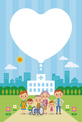 介護家族と地域医療イメージの背景ありテンプレート（ハート吹き出し）