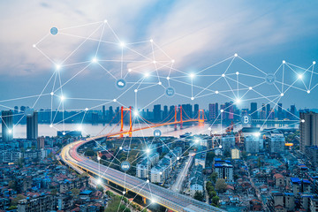 Night view of Wuhan Yangtze River Bridge in Hubei, China and the concept of urban interconnected big data