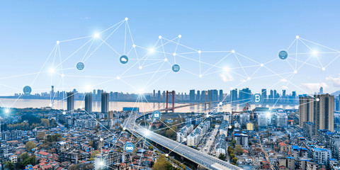 View of Wuhan Yangtze River Bridge in Hubei, China and the concept of urban interconnected big data
