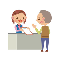 受付対応をする受付スタッフ（書類を渡す）