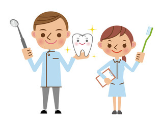 歯科医師と歯科衛生士（歯鏡・歯とハブラシ所持）
