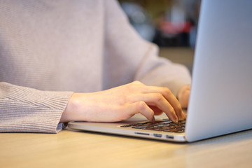 The girl in the cafe works at a laptop.
