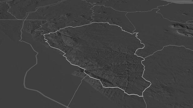Thyolo, district with its capital, zoomed and extruded on the bilevel map of Malawi in the conformal Stereographic projection. Animation 3D