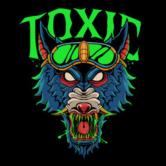 Angry wolf head illustration. Toxic wolf vector art for poster, sticker or t-shirt design