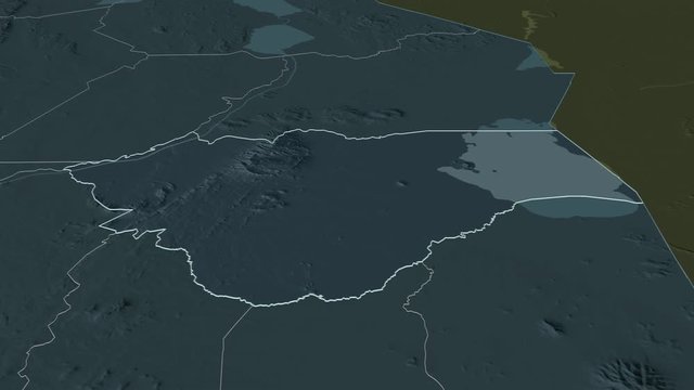 Zomba, district with its capital, zoomed and extruded on the administrative map of Malawi in the conformal Stereographic projection. Animation 3D