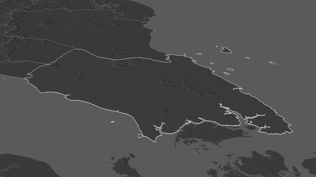 Johor, state with its capital, zoomed and extruded on the bilevel map of Malaysia in the conformal Stereographic projection. Animation 3D