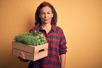 Middle age brunette woman holding wooden box garden of fresh plants with a confident expression on smart face thinking serious