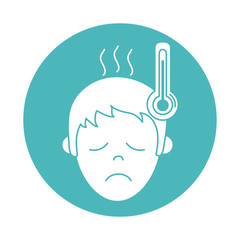 virus covid 19 pandemic boy with fever thermometer block style icon