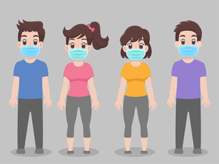 Set of people wearing protective Medical mask for prevent virus Wuhan Covid-19.Corona virus, character pose front side cartoon. Healthcare concept.