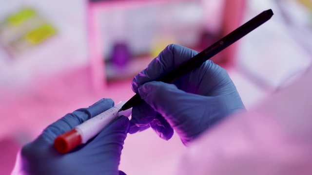 Noting tampon with Coronavirus test exemplar for analysis on laboratory by scientist wearing gloves