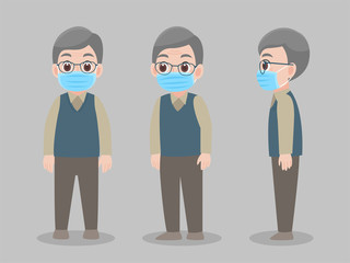 Set of Character grandfather wearing protective Medical mask for prevent virus Wuhan Covid-19.Corona virus, people wearing a surgical mask. Health care concept