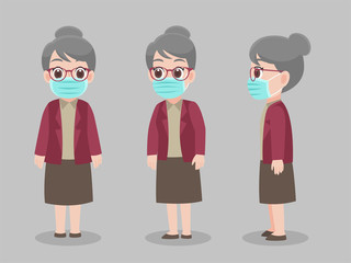 Set of Character grandmother wearing protective Medical mask for prevent virus Wuhan Covid-19.Corona virus, people wearing a surgical mask. Health care concept