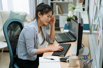 Fototapeta na wymiar Stressed focused asian woman concentrating doing difficult online computer work. frustrated female employee looking at screen feeling headache tired of overwork. girl worker suffer migraine painful