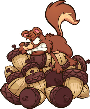 Angry cartoon squirrel hoarding a big pile of nuts. Vector clip art illustration with simple gradients. Squirrel and nuts on separate layers.
