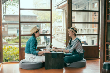 side view of two asian young girl travelers in straw hat travel in Tokyo Japan during spring time. happy female friends talking sitting in japanese architecture style house doing tea ceremony