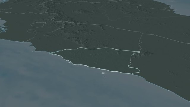 Melaka, state with its capital, zoomed and extruded on the administrative map of Malaysia in the conformal Stereographic projection. Animation 3D