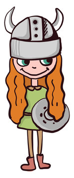 Viking Girl With Orange Hair, Illustration, Vector On White Background