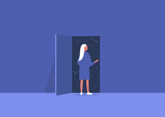 Imagination and inspiration, outer space, astrology, young female character opening a door to the unknown