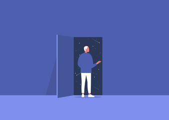 Obraz premium Imagination and inspiration, outer space, astrology, young male character opening a door to the unknown