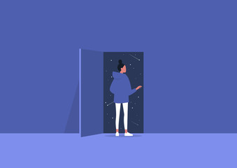 Obraz premium Imagination and inspiration, outer space, astrology, young female character opening a door to the unknown