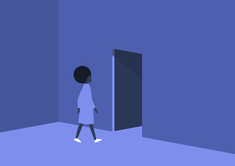 Young black female character leaving the room, exit