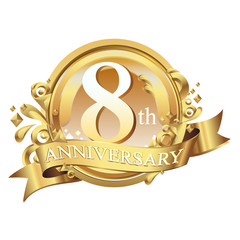 8 years golden anniversary logo celebration with ring and ribbon.