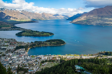 The spectacular landscape of Lake Wakatipu and mountains in Queenstown, New Zealand view from Queenstown gondola. Queenstown popular known for New Zealand's adventure capital.