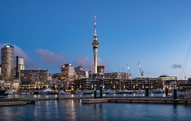 Twilight-Blick auf den Sky Tower vom Viaduct Harbour im Zentrum von Auckland, Neuseeland. Auckland ist Neuseelands größte Stadt und das Zentrum der Einzelhandels- und Handelsaktivitäten des Landes.