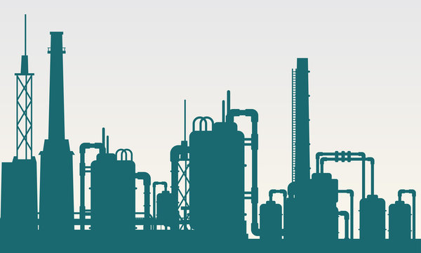 Vector illustration of industrial processing factory building. Suitable for design elements of the petroleum refining industry, energy sources and raw materials. Silhouette from the factory with pipes