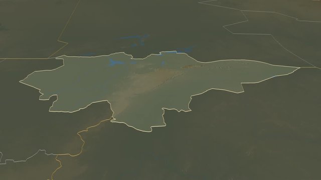 Mopti, region with its capital, zoomed and extruded on the relief map of Mali in the conformal Stereographic projection. Animation 3D