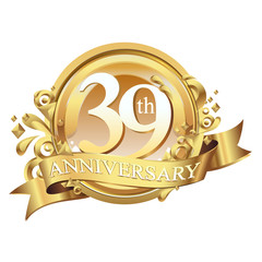 39 years golden anniversary logo celebration with ring and ribbon.