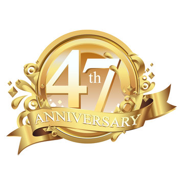 47 years golden anniversary logo celebration with ring and ribbon.