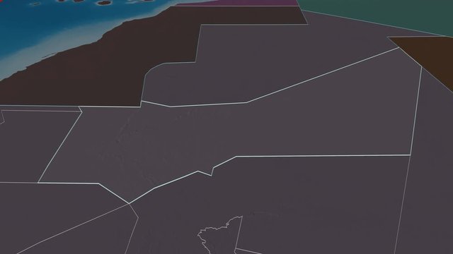 Adrar, region with its capital, zoomed and extruded on the administrative map of Mauritania in the conformal Stereographic projection. Animation 3D