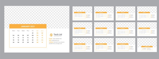 2021 calendar planner set for template corporate design week start on Monday.