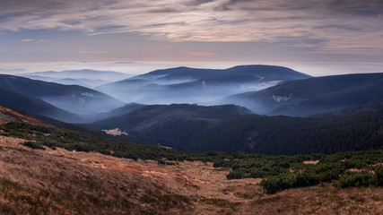 Fototapeta premium Fog in the mountains, Giant Mountains, Krkonoše, The Czech Republic.
