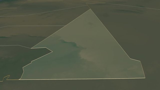 Hodh ech Chargui, region with its capital, zoomed and extruded on the relief map of Mauritania in the conformal Stereographic projection. Animation 3D