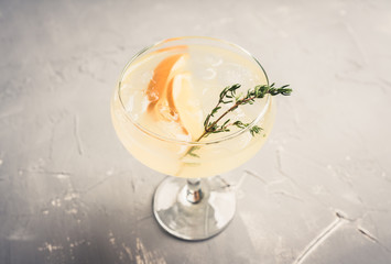 Tasty and little bitter lemon cocktail with slice of fresh lemon and thyme. Selective focus. Shallow depth of field.
