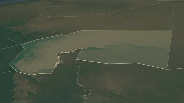 Tagant, region with its capital, zoomed and extruded on the relief map of Mauritania in the conformal Stereographic projection. Animation 3D