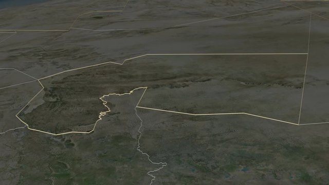 Tagant, region with its capital, zoomed and extruded on the satellite map of Mauritania in the conformal Stereographic projection. Animation 3D