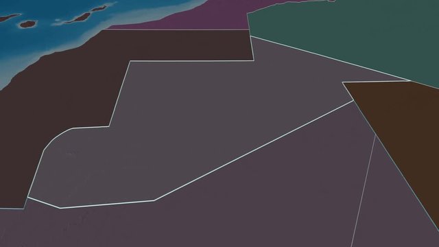 Tiris Zemmour, region with its capital, zoomed and extruded on the administrative map of Mauritania in the conformal Stereographic projection. Animation 3D