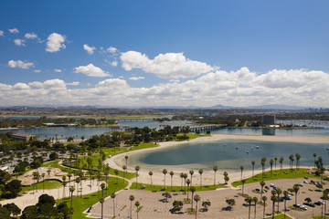 Aerial drone photo of a completely empty Mission Beach due to the Coronavirus and Covid 19 Pandemic. San Diego, Ca, USA.