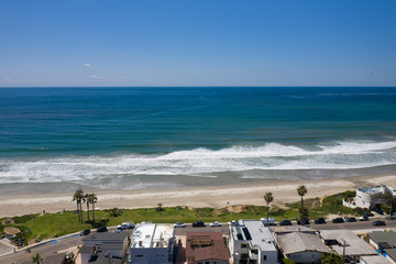 Aerial drone photo of a completely empty Pacific Beach due to the Coronavirus and Covid 19 Pandemic. San Diego, Ca, USA.