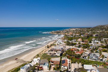 Aerial drone photo of a completely empty Pacific Beach due to the Coronavirus and Covid 19 Pandemic. San Diego, Ca, USA.