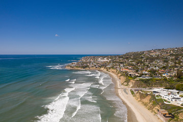 Fototapeta na wymiar Aerial drone photo of a completely empty Pacific Beach due to the Coronavirus and Covid 19 Pandemic. San Diego, Ca, USA.