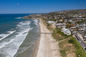 Aerial drone photo of a completely empty Pacific Beach due to the Coronavirus and Covid 19 Pandemic. San Diego, Ca, USA.
