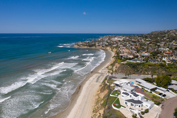 Aerial drone photo of a completely empty Pacific Beach due to the Coronavirus and Covid 19 Pandemic. San Diego, Ca, USA.
