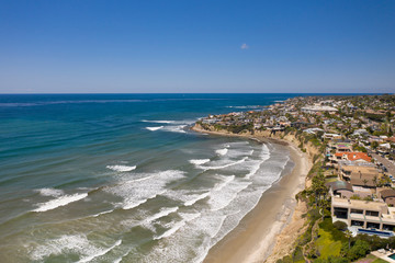 Aerial drone photo of a completely empty Pacific Beach due to the Coronavirus and Covid 19 Pandemic. San Diego, Ca, USA.