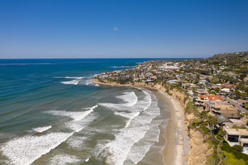 Aerial drone photo of a completely empty Pacific Beach due to the Coronavirus and Covid 19 Pandemic. San Diego, Ca, USA.