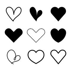 Set of heart black outline draw the hand. Vector illustration.