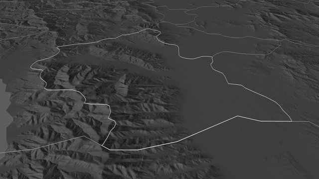 Bitola, municipality with its capital, zoomed and extruded on the bilevel map of Macedonia in the conformal Stereographic projection. Animation 3D